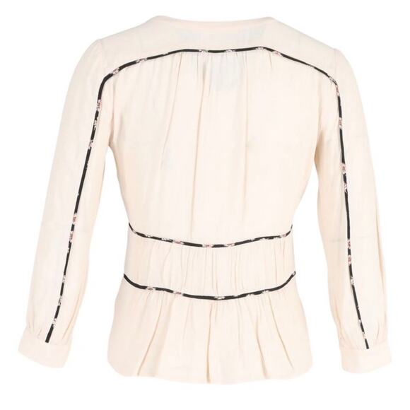 ba&sh Faro Cream Piped Trim V-Neck 3/4 Bell Sleeve Peplum Viscose Top Medium - Picture 5 of 14